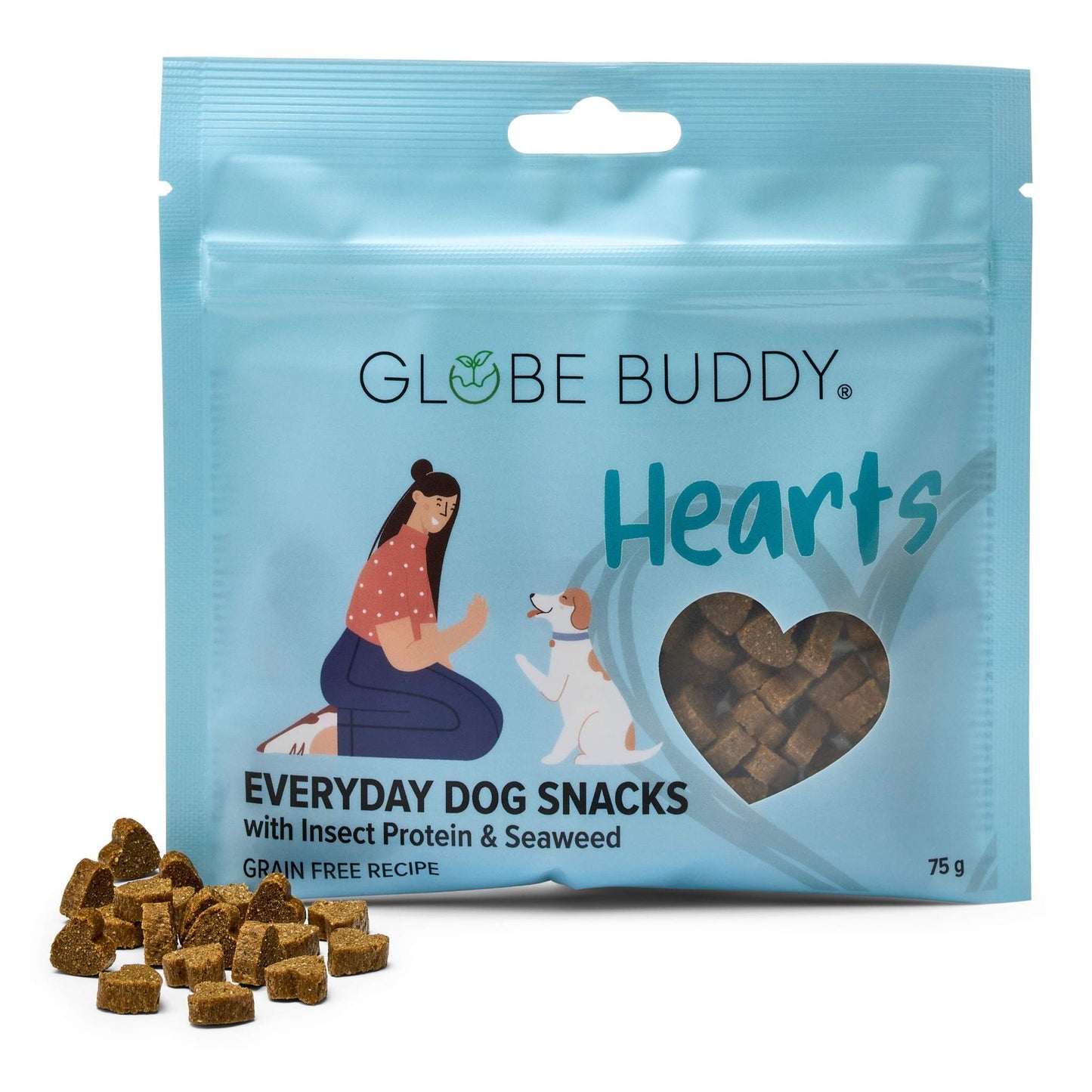 Globe Buddy Hearts - Everyday Dog Snacks, insektprotein og tang, bløde godbidder, 75 g