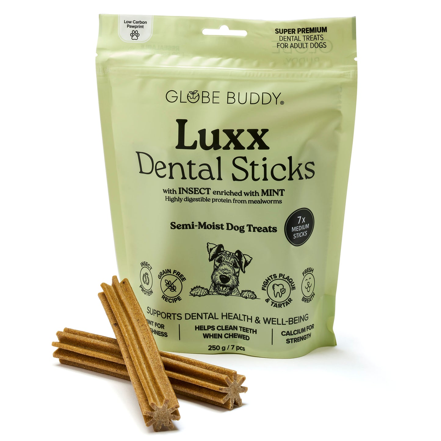 Globe Buddy Luxx Dental Sticks, tandrensende tyggestænger, insektprotein og mynte, 250 g / 7 stk.