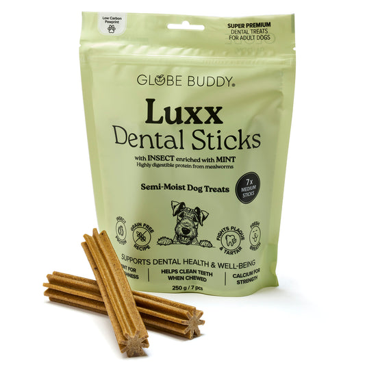 Globe Buddy Luxx Dental Sticks, tandrensende tyggestænger, insektprotein og mynte, 250 g / 7 stk.