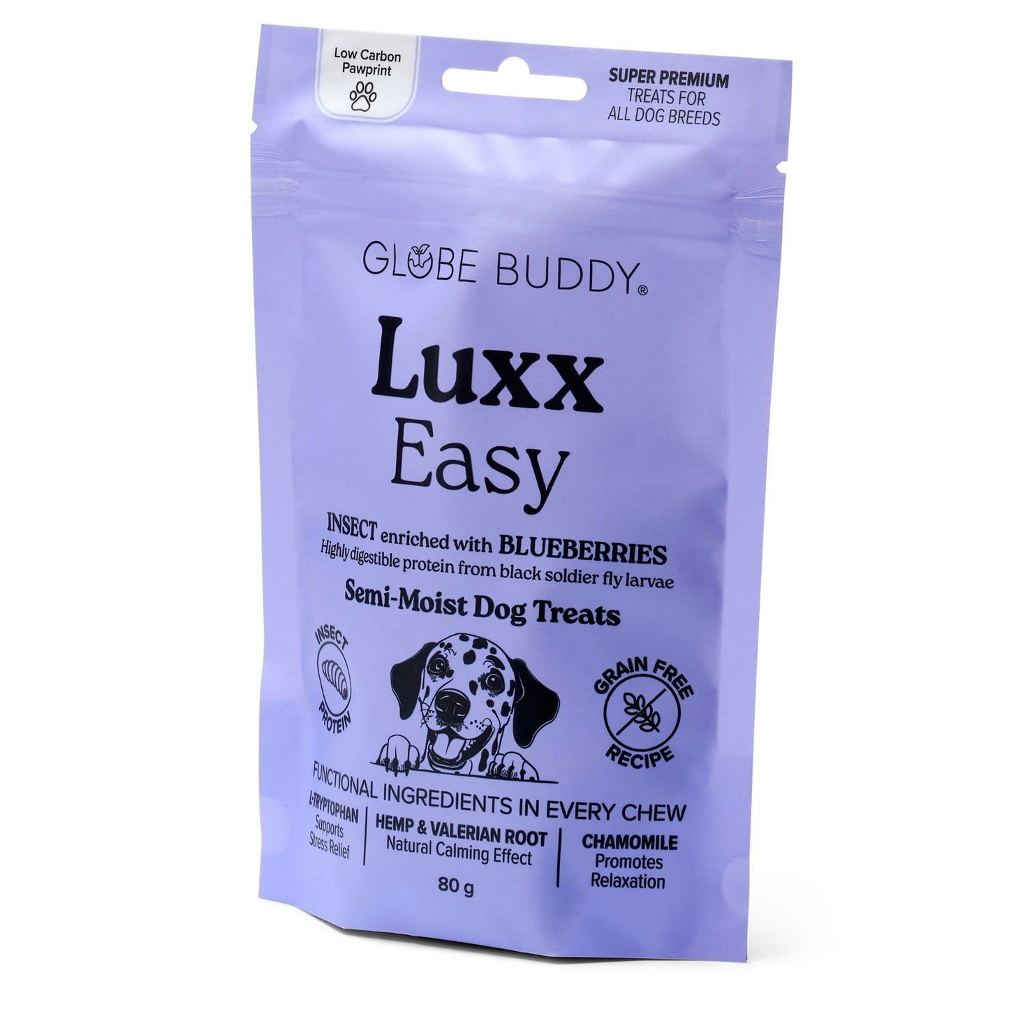 Globe Buddy Luxx Easy, funktionelle bløde godbidder, insektprotein og blåbær, 80 g