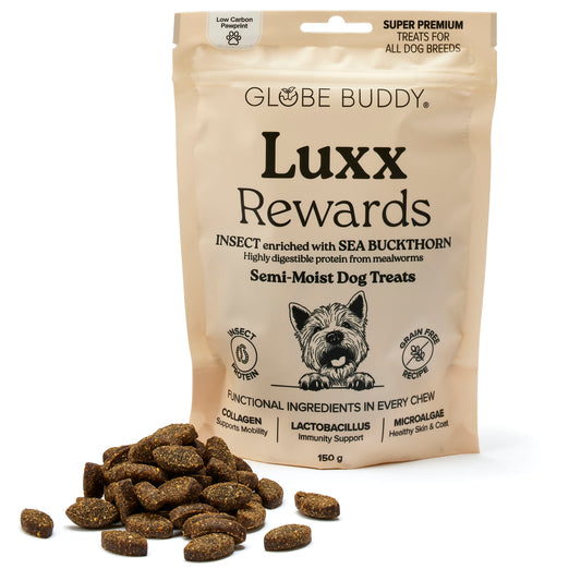 Globe Buddy Luxx Rewards, bløde snacks, insektprotein og havtorn, 150 g