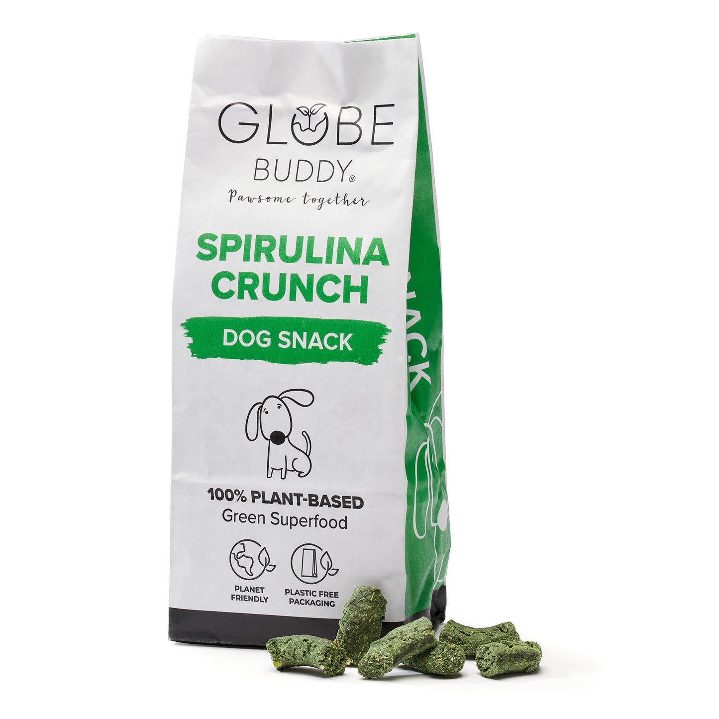 Plantebaseret og 100% vegan snack til voksne hunde. Med ingredienser som spirulina, sød kartoffel, lucerne og tang. Godbidden har en lækker, knasende tekstur, som din hund vil elske. Spirulina leverer naturlige præbiotika, og tang kan hjælpe med at understøtte fordøjelsen.