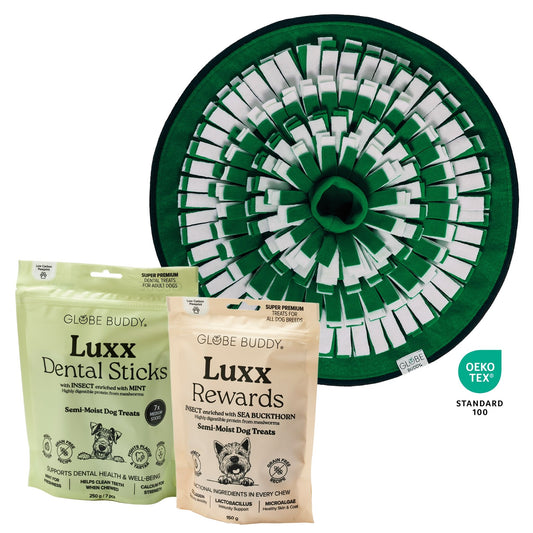 FunPack: Globe Buddy Snuzzle, snusemåtte til hunde, fleece, 50 cm + 2 poser Luxx (spar 78 kr.)