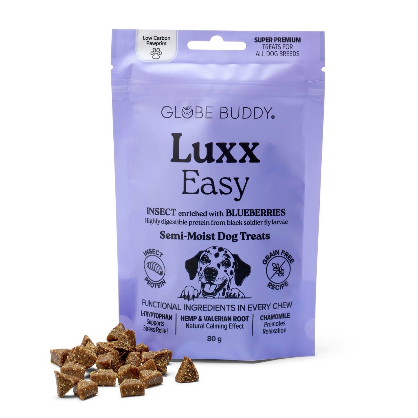 Globe Buddy Luxx Easy, funktionelle bløde godbidder, insektprotein og blåbær, 80 g