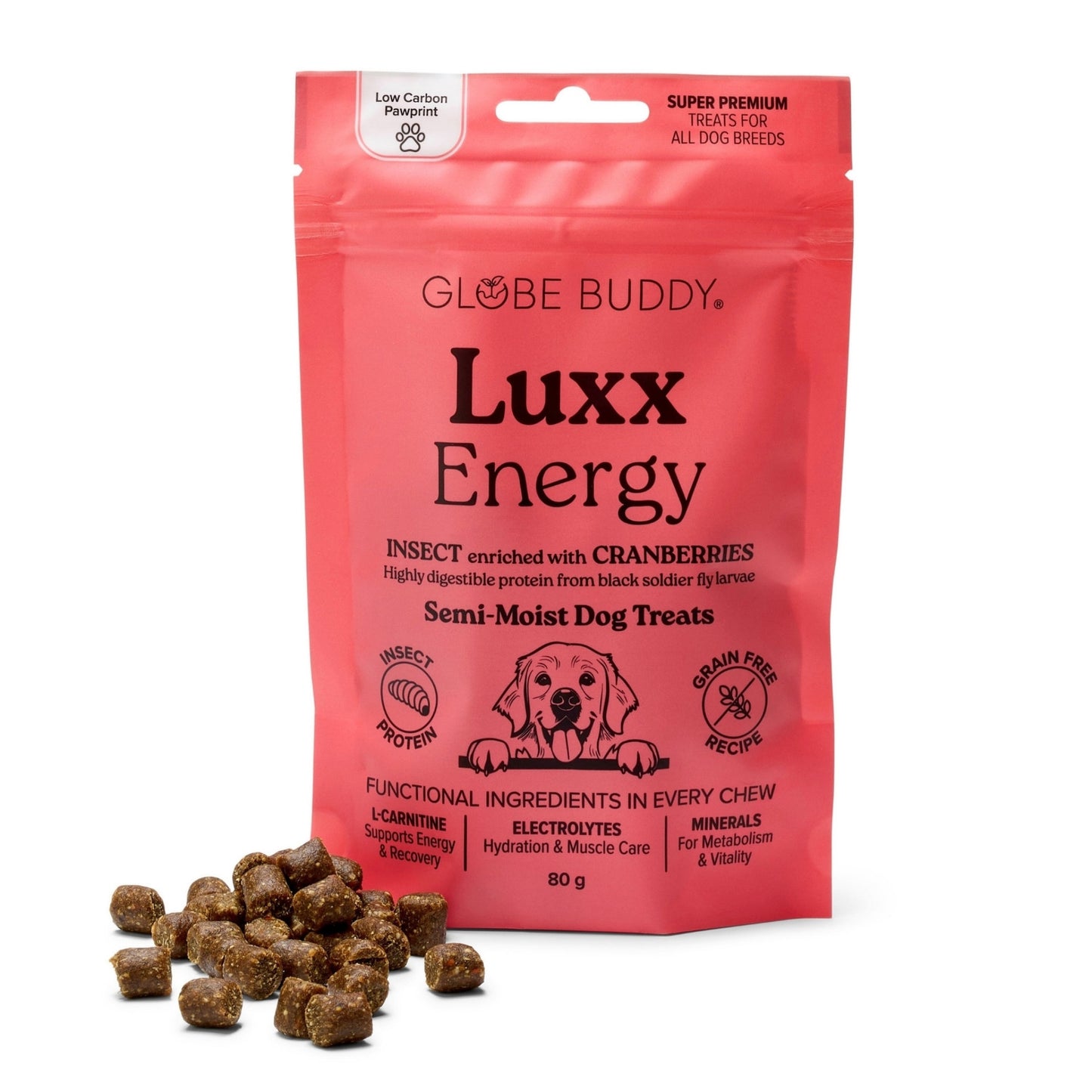 Globe Buddy Luxx Energy, funktionelle bløde godbidder, insektprotein og tranebær, 80 g