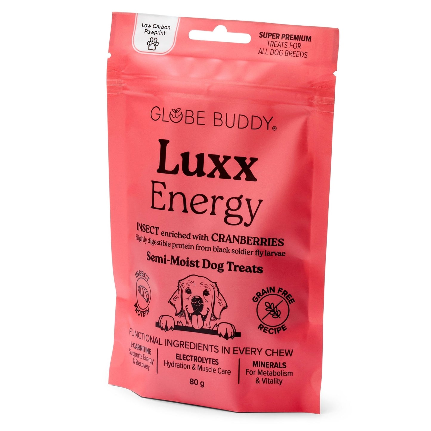 Globe Buddy Luxx Energy, funktionelle bløde godbidder, insektprotein og tranebær, 80 g