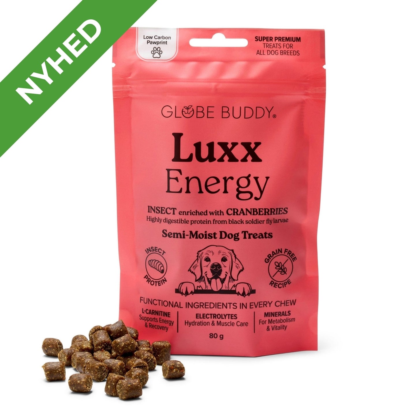 Globe Buddy Luxx Energy, funktionelle bløde godbidder, insektprotein og tranebær, 80 g