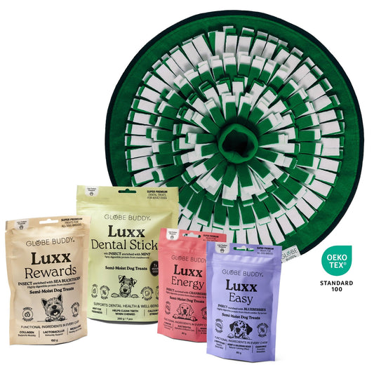 LuxxPack: Globe Buddy Snuzzle, snusemåtte til hunde, fleece, 50 cm + 4 poser Luxx (spar 96 kr.)