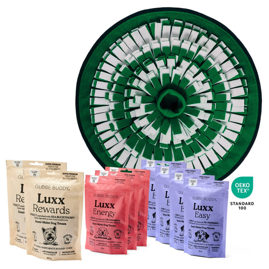 MegaPack: Globe Buddy Snuzzle, snusemåtte til hunde, fleece, 50 cm + 9 poser Luxx (spar 121 kr.)