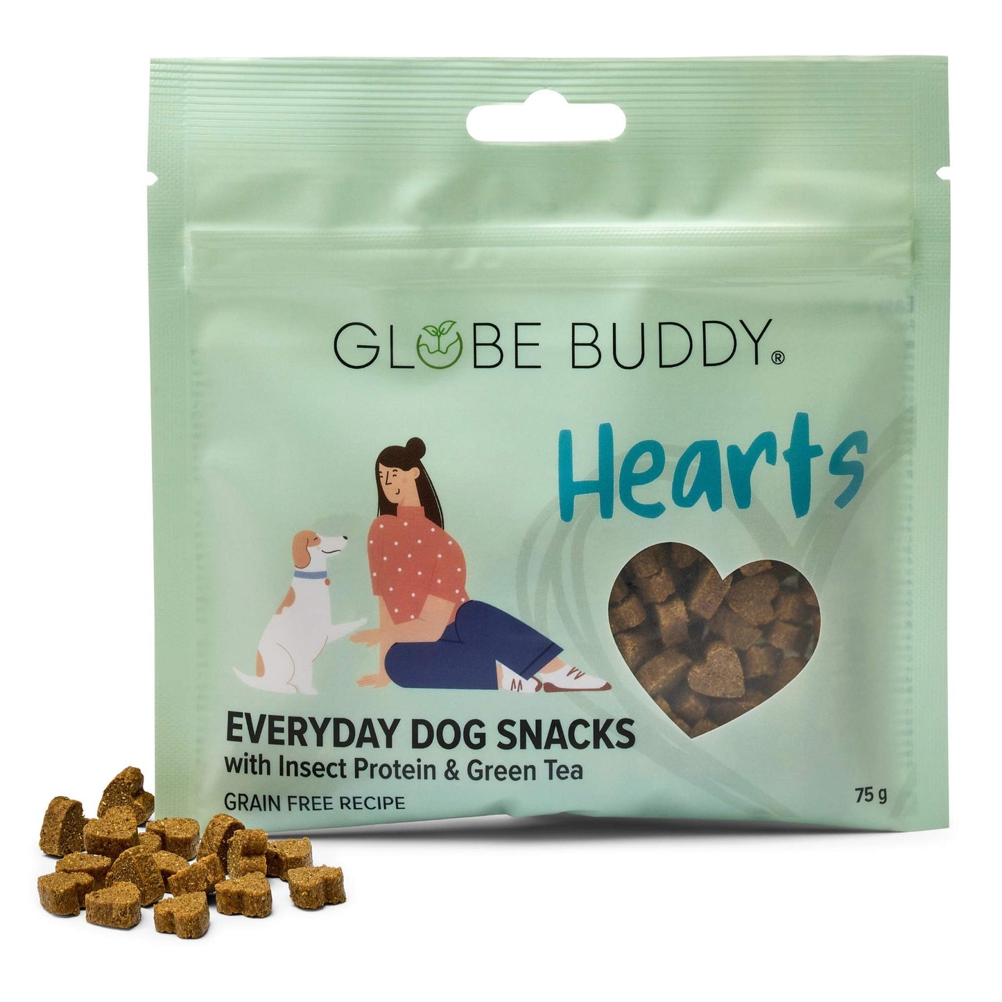 Globe Buddy Hearts - Everyday Dog Snacks, insektprotein og grøn te, bløde godbidder, 75 g