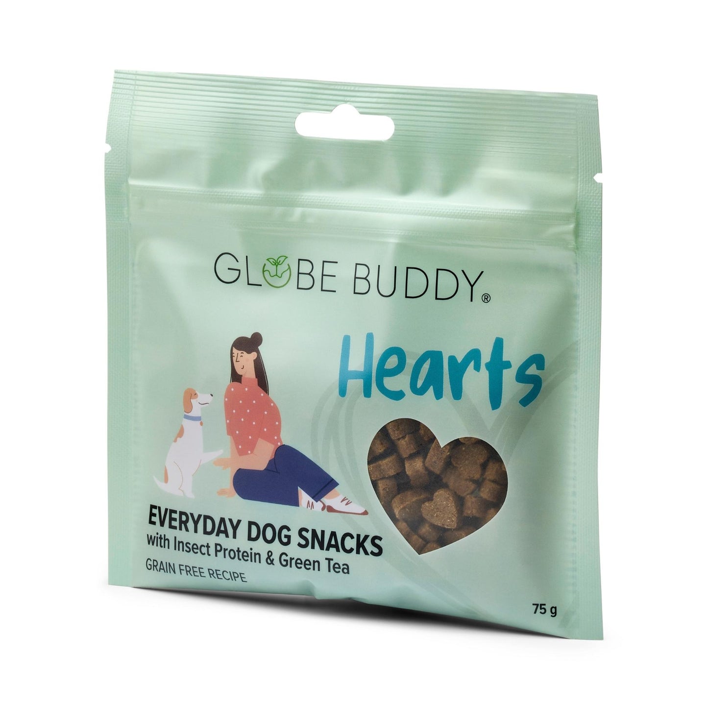 Globe Buddy Hearts - Everyday Dog Snacks, insektprotein og grøn te, bløde godbidder, 75 g
