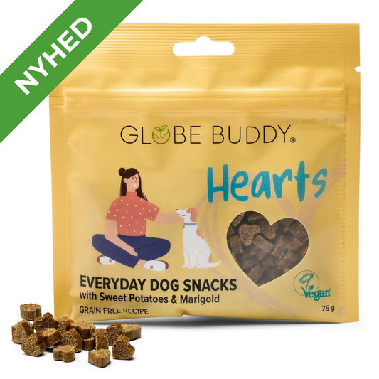 Globe Buddy Hearts - Everyday Dog Snacks, sød kartoffel og morgenfrue (Vegan), bløde godbidder, 75 g