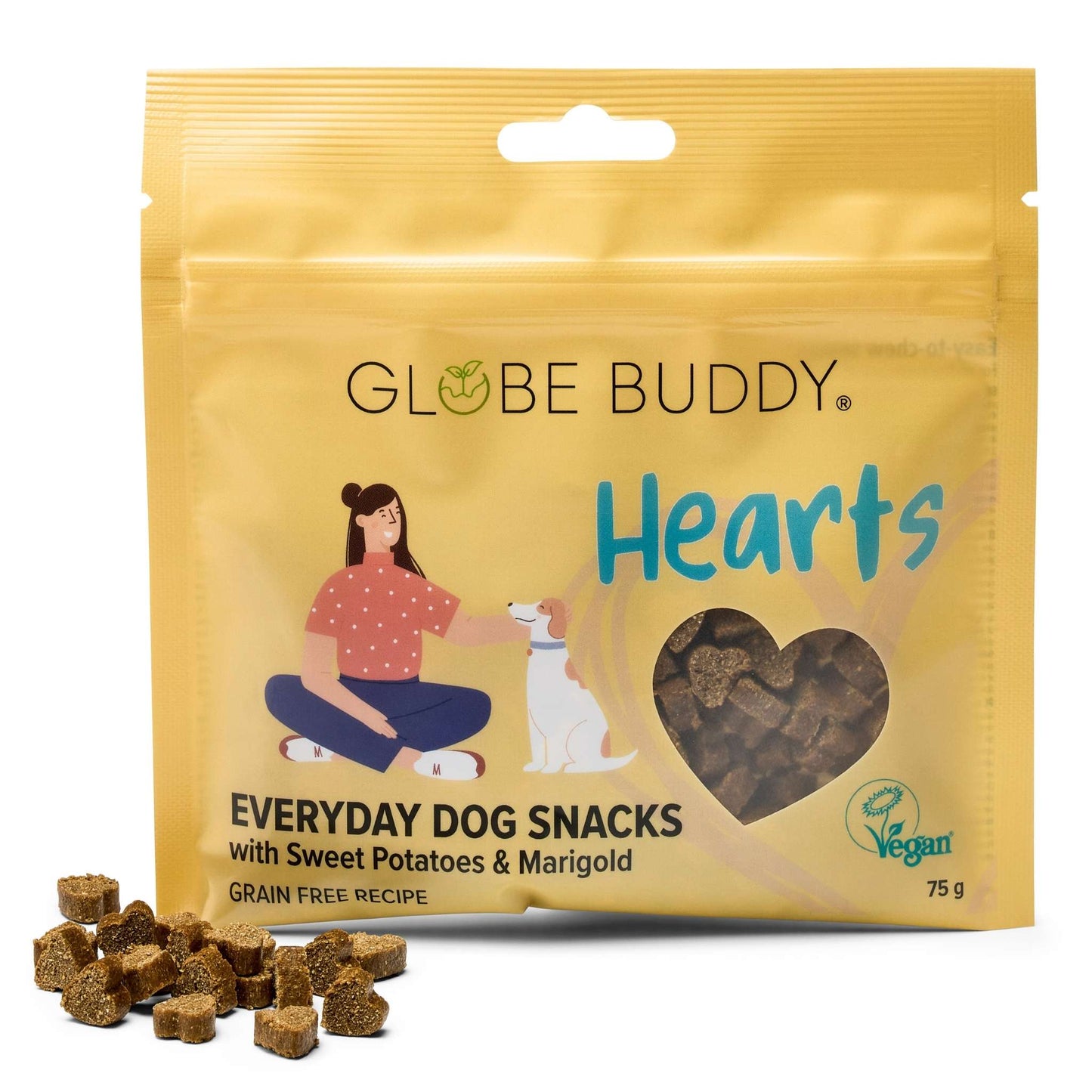 Globe Buddy Hearts - Everyday Dog Snacks, sød kartoffel og morgenfrue (Vegan), bløde godbidder, 75 g