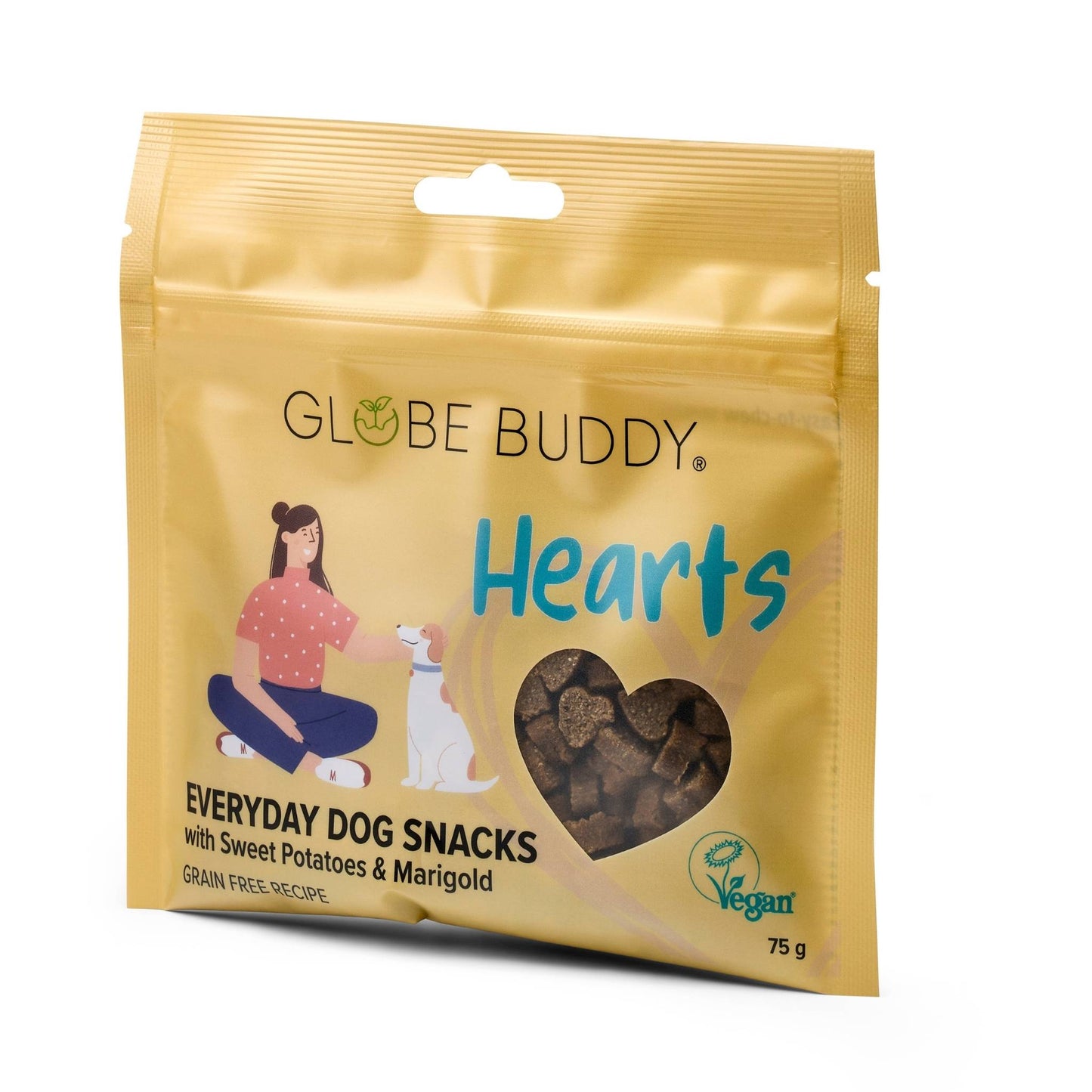 Globe Buddy Hearts - Everyday Dog Snacks, sød kartoffel og morgenfrue (Vegan), bløde godbidder, 75 g