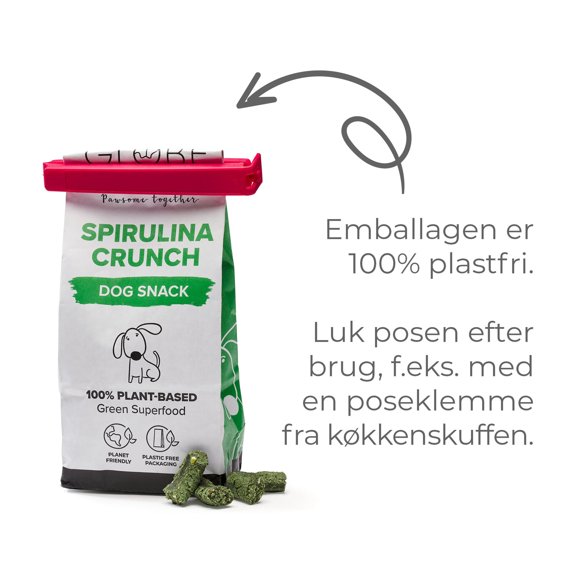 Globe Buddy Spirulina Crunch - godbidder til hunde, i 100% plastfri emballage. Bæredygtigt og miljøvenligt.